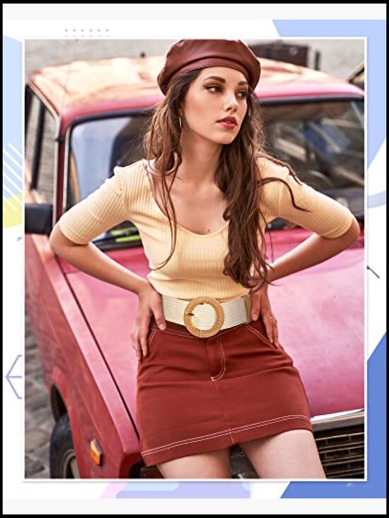 Straw Woven Elastic Stretch Rattan Buckle Waist Belt Women Skinny Dress Band main image 5